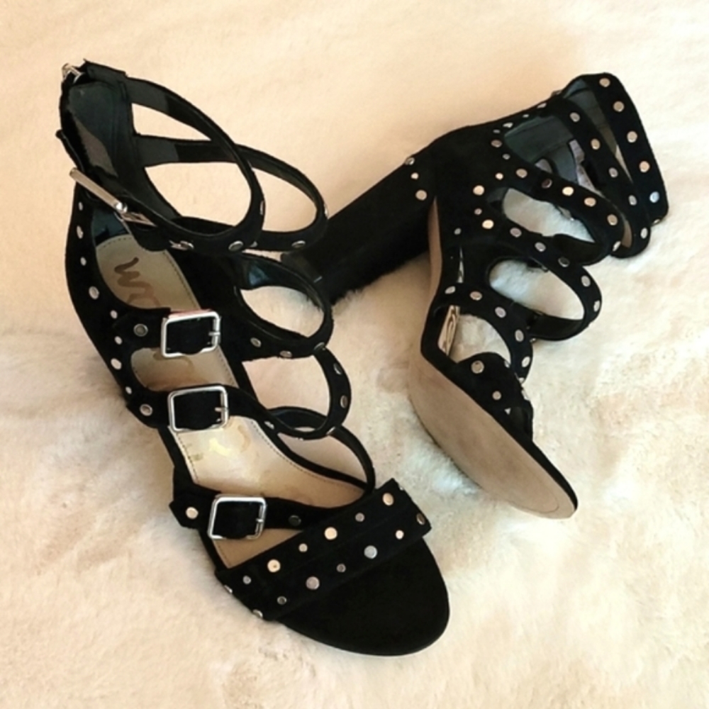 Sam Edelman Black Suede Stud York Platform Buckle Punk High Heels